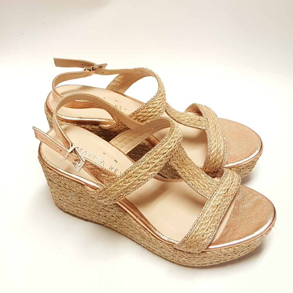 Marisa Rey rose gold t-strap raffia wedge sandals